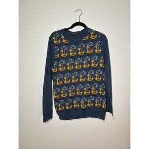 Run & Fly retro-style knit sweater yellow ducks holding umbrellas L